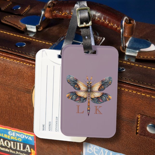 Étiquette À Bagage Libellule élégante monogramme violet (Créateur téléchargé)