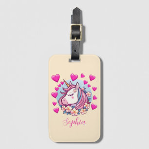 Étiquette À Bagage Licorne avec cœurs roses et fleurs, nom, crème