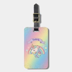 Étiquette À Bagage Licorne et arc-en-ciel scintillant or paillettes N