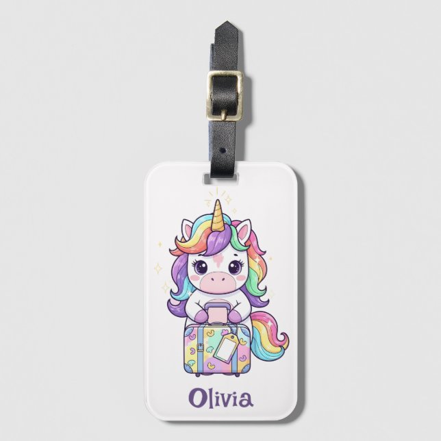 Étiquette À Bagage Licorne Magique Kawaii Voyageuse (Devant Vertical)