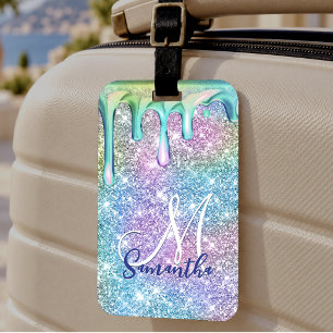 Étiquette À Bagage Licorne mignonne bleu rose paillettes gouttes mono