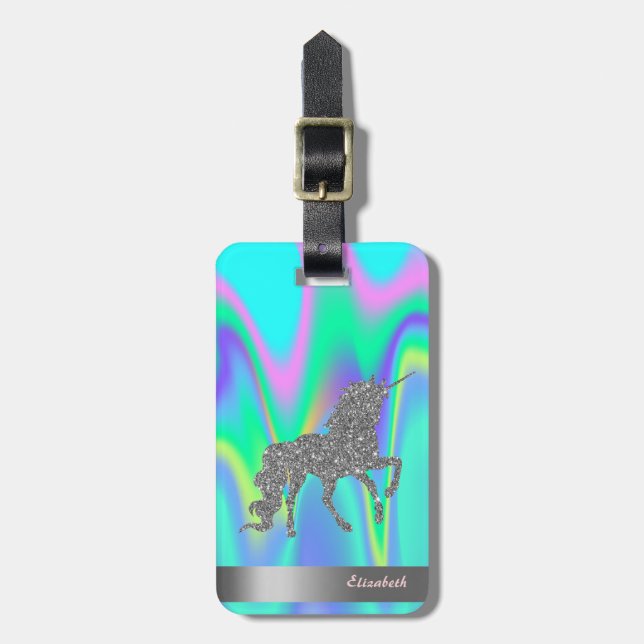 Étiquette À Bagage Licorne Pailletée Argent Moderne, Holographique (Devant Vertical)