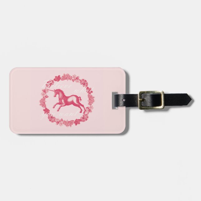 Étiquette À Bagage Licorne rose et fleurs (Devant horizontal)
