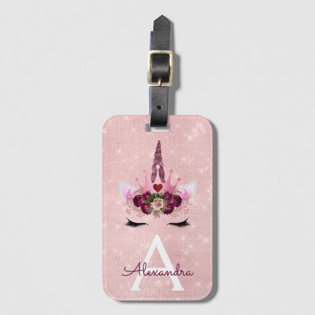 Étiquette À Bagage Licorne Rose Princesse Monogramme Nom (Devant Vertical)