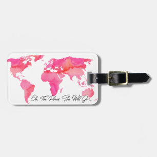 Étiquette À Bagage Lieux Où Elle Va Citer Aquarelle Rose Carte Mondia