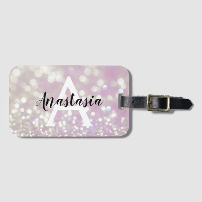 Étiquette À Bagage Lilac Girly Paillettes Monogramme Nom (Devant Horizontal)
