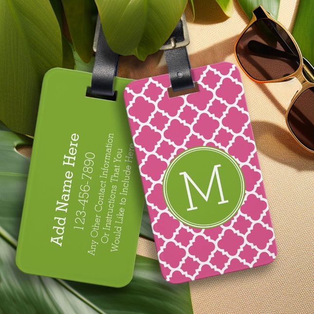 Étiquette À Bagage Lime Hot rose Quatrefoil Motif Personnalisé Monogr (Custom Monogram Luggage Tag)