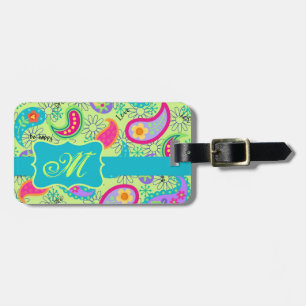 Étiquette À Bagage Lime Vert Turquoise Moderne Paisley Monogramme