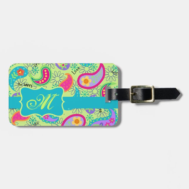 Étiquette À Bagage Lime Vert Turquoise Moderne Paisley Monogramme (Devant horizontal)
