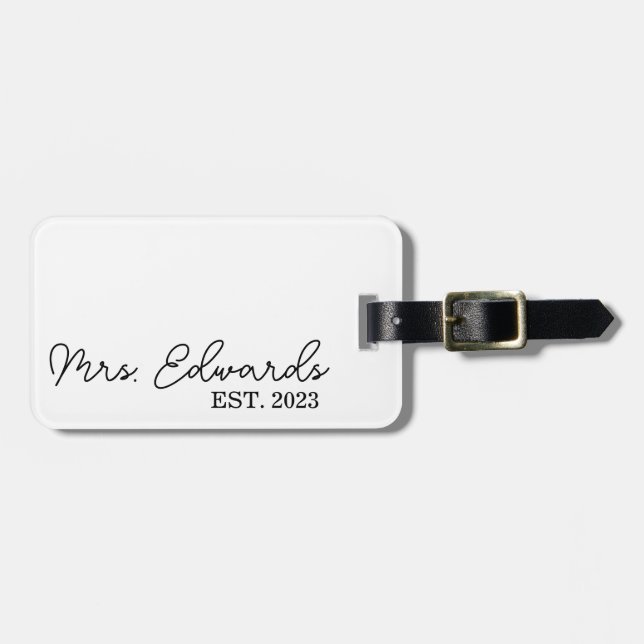 Étiquette À Bagage Limite Cursive Mme Custom Nom de famille Mariage C (Devant horizontal)