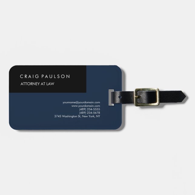 Étiquette À Bagage Lin Marine Bleu Noir Élégant Plain Professionnel (Devant horizontal)