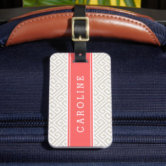 Étiquette À Bagage Linge Beige et corail Grec Clé personnalisée Monog