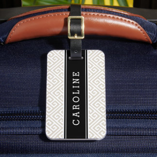 Étiquette À Bagage Linge Beige et noir Clé grecque Monogramme personn