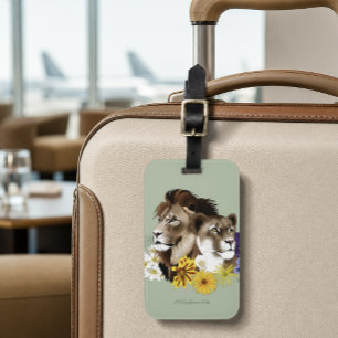 Étiquette À Bagage Lion Lionne Floral Vert 