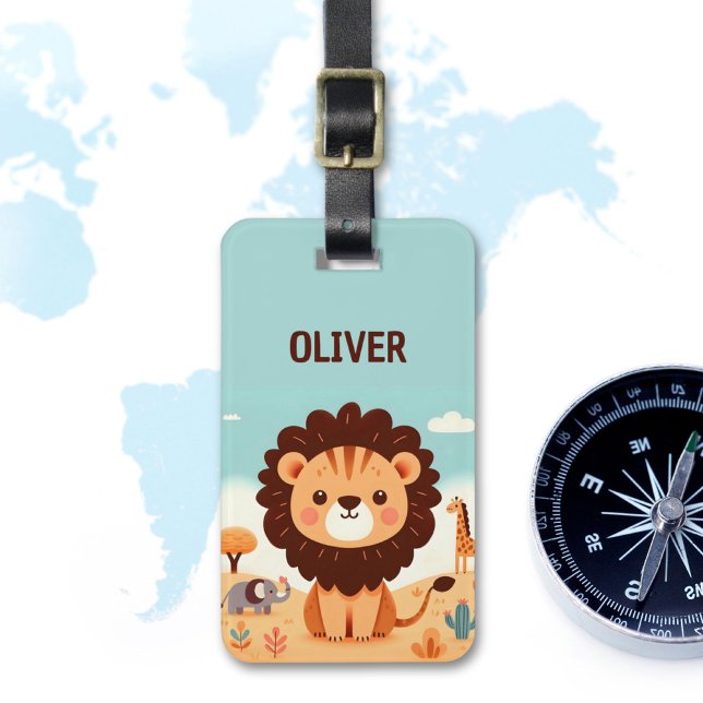 Étiquette À Bagage Lion mignon Kawaii avec des amis de safari (Créateur téléchargé)