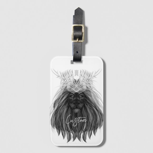 Étiquette À Bagage Lion noir avec couronne Antlers et monogramme (Devant Vertical)