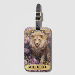 Étiquette À Bagage Lion Romantique et Roses Violettes Fantaisie