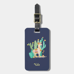 Étiquette À Bagage Llama et Cactus Aquarelle Bleu Personnalisé