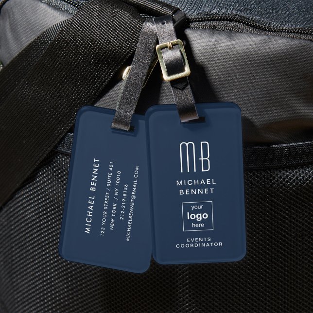 Étiquette À Bagage Logo bleu moderne (Custom Logo Monogrammed Navy Blue Luggage Tag)