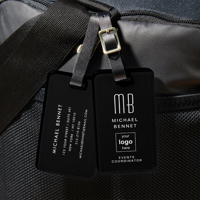 Étiquette À Bagage Logo de l'entreprise Monogramme Moderne Profession (Custom Logo Monogrammed Black Luggage Tag)