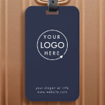Étiquette À Bagage Logo d'entreprise | Voyage promotionnel bleu marin<br><div class="desc">Un simple modèle de bagage marine bleu d'affaires personnalisé dans un style minimaliste moderne qui peut être facilement mis à jour avec le logo de votre entreprise,  slogan et détails d'affaires. #luggagetag #logo #business #travel</div>