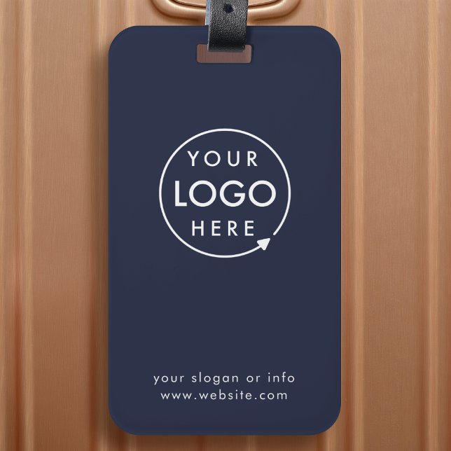 Étiquette À Bagage Logo d'entreprise | Voyage promotionnel bleu marin (Navy blue company branded luggage tags for small business gifting, travel events & promotional swag.)