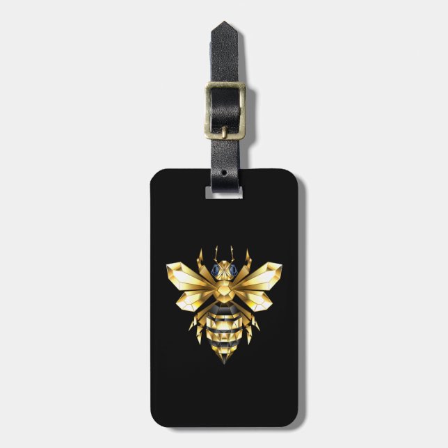 Étiquette À Bagage Logo Faux Gold Foil Bee Polygonal sur Noir (Devant Vertical)