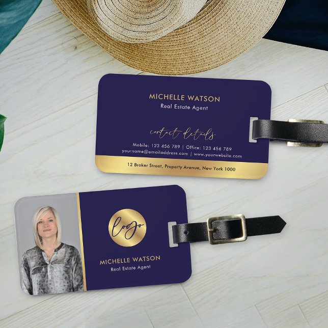 Étiquette À Bagage Logo Marine & Gold - Agent immobilier moderne Phot (Elegant navy blue and gold effects photo luggage tag with your logo and contact details)