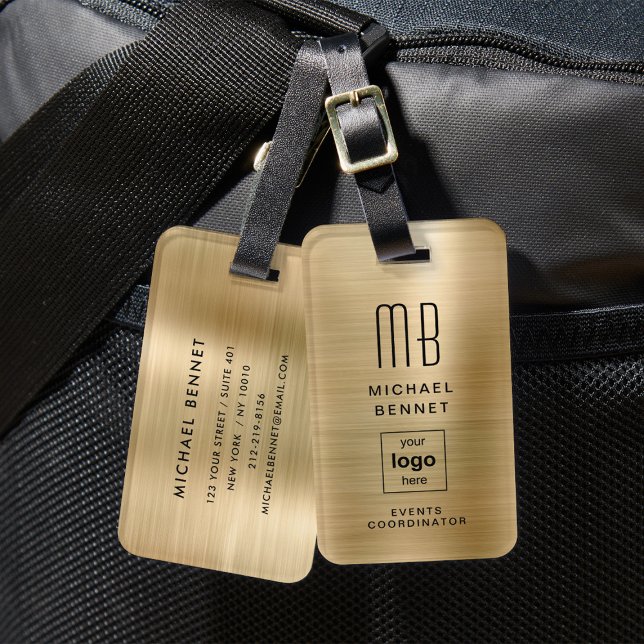 Étiquette À Bagage Logo Personnalisé Métal brossé Monogrammé Or (Custom Logo Monogrammed Gold Brushed Metal Luggage Tag)