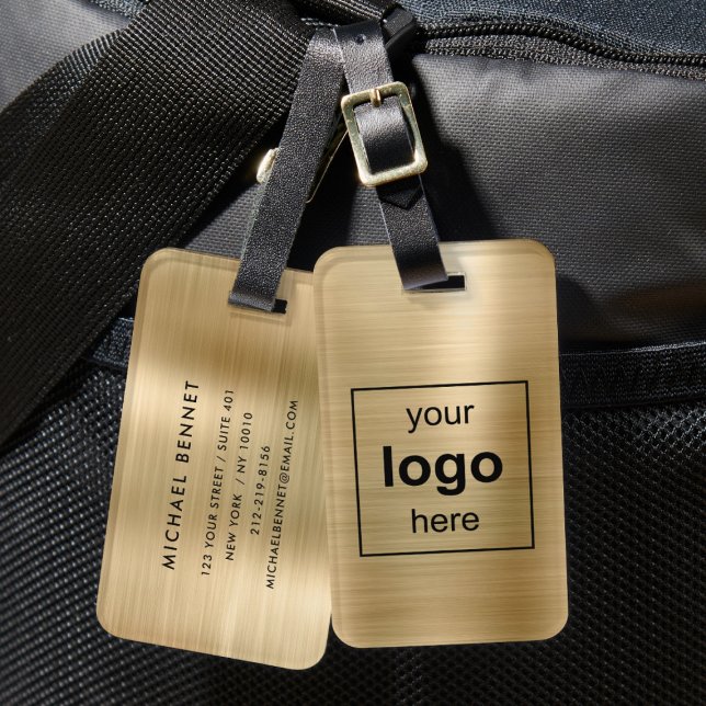 Étiquette À Bagage Logo Personnalisé Métal brossé Monogrammé Or (Custom Logo Monogrammed Gold Brushed Metal Luggage Tag)