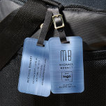 Étiquette À Bagage Logo Personnalisé Monogrammé Bleu Métal Brossé<br><div class="desc">Balise de bagage en métal brossé bleu monogramme sur mesure. Personnalisez-le avec vos détails et le logo de votre entreprise.</div>