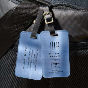 Étiquette À Bagage Logo Personnalisé Monogrammé Bleu Métal Brossé