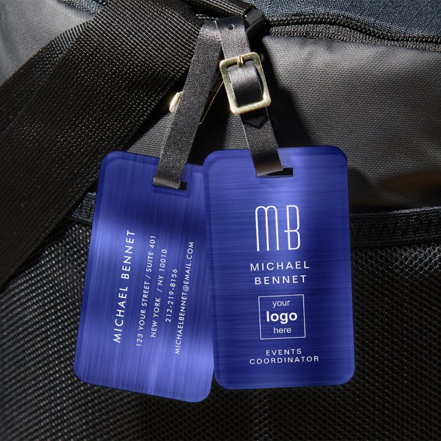 Étiquette À Bagage Logo Personnalisé Monogrammé Marine Bleu Métal Bro (Custom Logo Monogrammed Navy Blue Brushed Metal Luggage Tag)