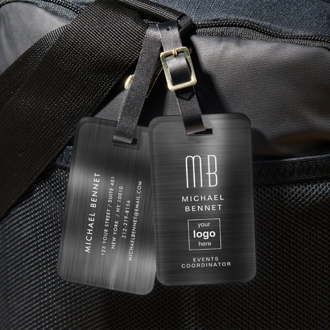 Étiquette À Bagage Logo Personnalisé Monogrammé Noir brossé Métal (Custom Logo Monogrammed Black Brushed Metal Luggage Tag)