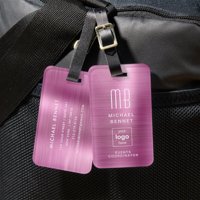 Étiquette À Bagage Logo Personnalisé Monogrammé Rose brossé Métal (Custom Logo Monogrammed Pink Brushed Metal Luggage Tag)