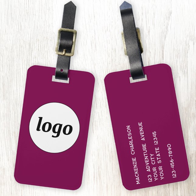 Étiquette À Bagage Logo promotionnel Magenta Rose Business Branding (Simple logo with custom text business branding promotional luggage tag in dark magenta pink burgundy)