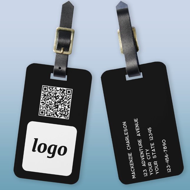 Étiquette À Bagage Logo QR Code Black Business Promotion (Logo QR code with custom text business promotional luggage tag)