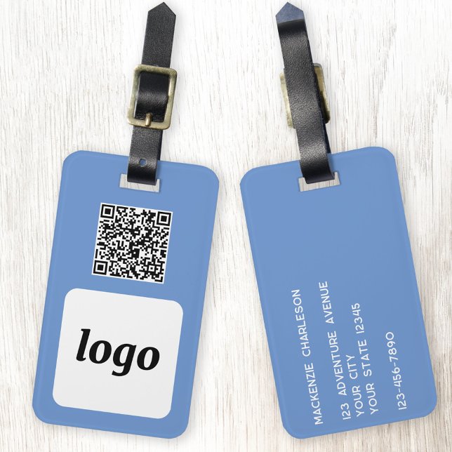 Étiquette À Bagage Logo QR Code Bleu Business Promotion (Logo with QR code and custom text promotional business branding luggage tag)