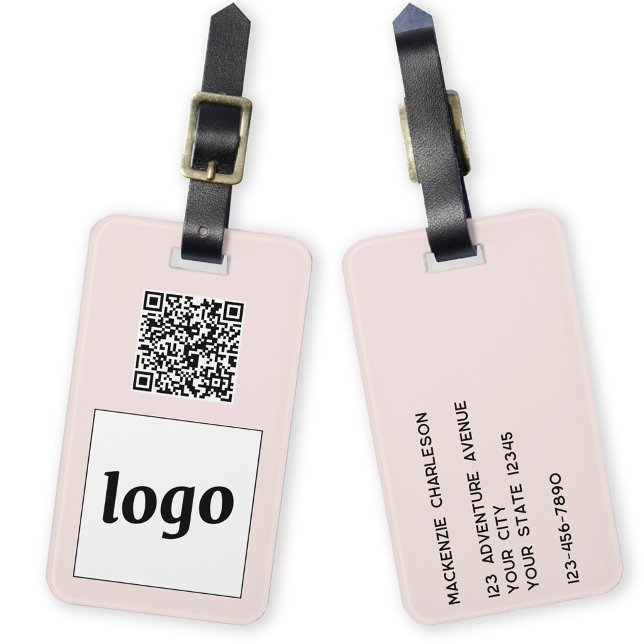 Étiquette À Bagage Logo QR Code Blush Pink Business Promotion (Logo QR code with custom text business promotional luggage tag)