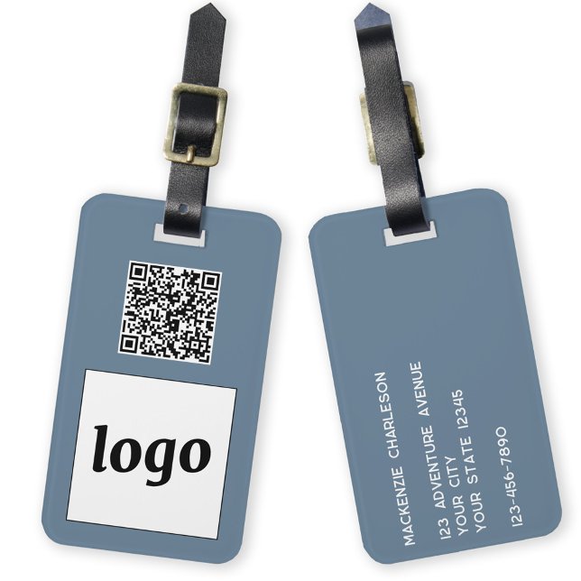 Étiquette À Bagage Logo QR Code Dusty Blue Grey Business Promotion (Logo QR code with custom text business promotional luggage tag)