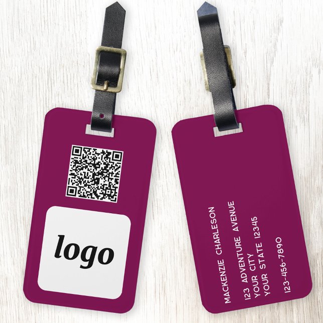 Étiquette À Bagage Logo QR Code Magenta PInk Business Promotional (Simple logo QR code custom business branding promotional luggage tag in dark magenta pink burgundy)