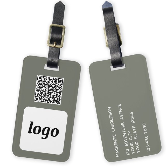 Étiquette À Bagage Logo QR Code Sage Green Business Promotion (Logo QR code with custom text business promotional luggage tag)