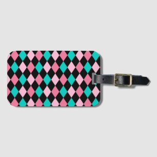 Étiquette À Bagage Losanges Arc-en-ciel Pastel Noir Rose Bleu Arlequi