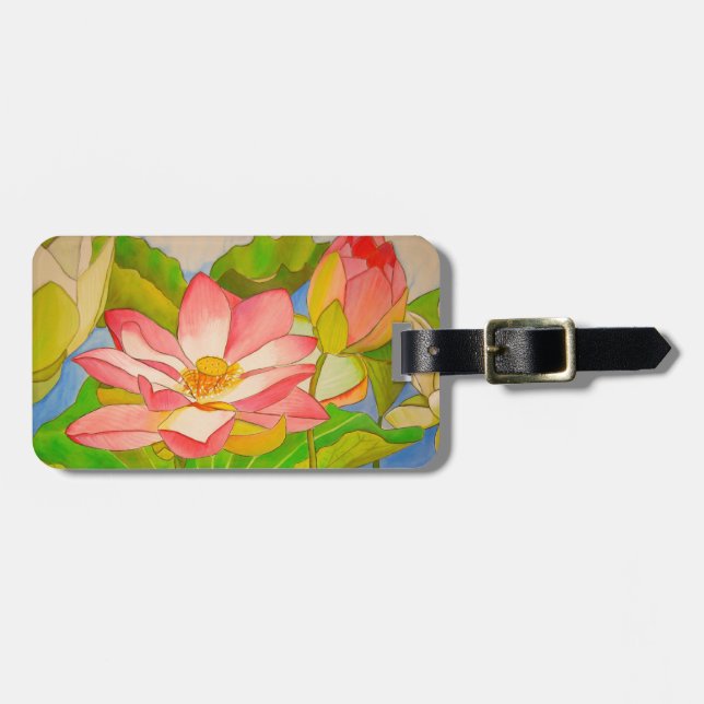 Étiquette À Bagage Lotus rose nénuphar aquarelle peinture (Devant horizontal)