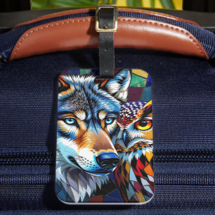 Étiquette À Bagage Loup et Hibou Vibrants et Colorés