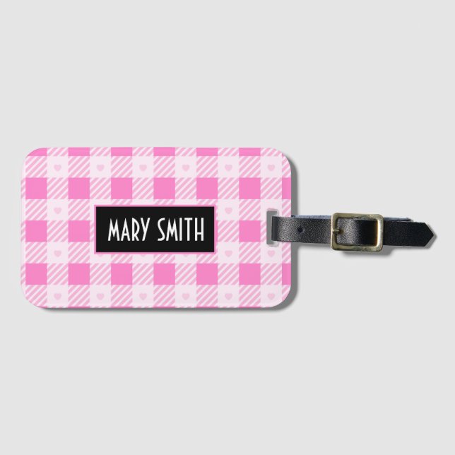 Étiquette À Bagage Love Plaid Collection rose moderne (Devant Horizontal)