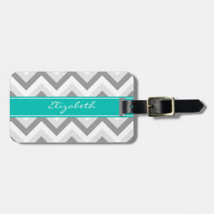 Étiquette À Bagage Lt Grey Med Grey Blanc Chevron Turquoise Nom Monog