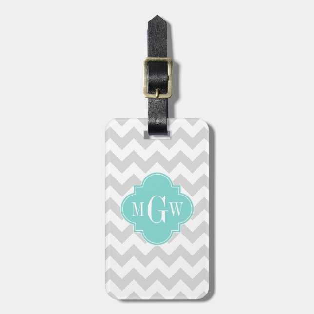 Étiquette À Bagage Lt Grey What Chevron Aqua Quatrefoil 3 Monogramme (Devant Vertical)