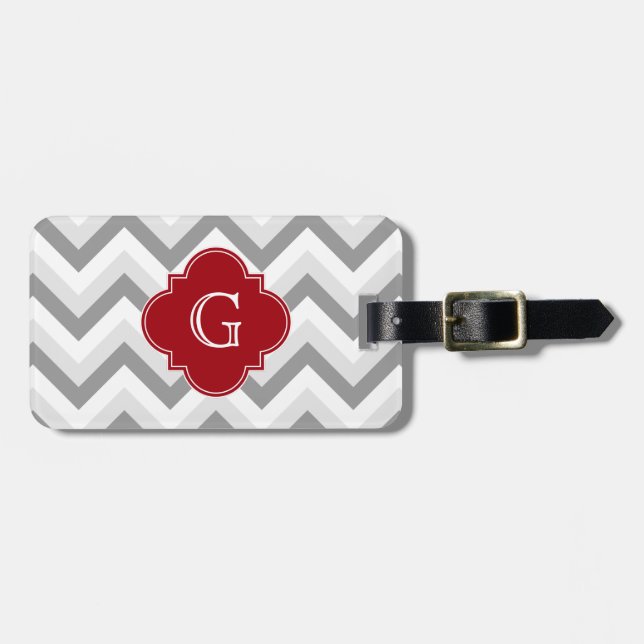 Étiquette À Bagage Lt Two Grey White Chevron Cranberry Monogramme (Devant horizontal)