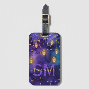 Étiquette À Bagage Lueur de lanterne violette et bleue à monogramme